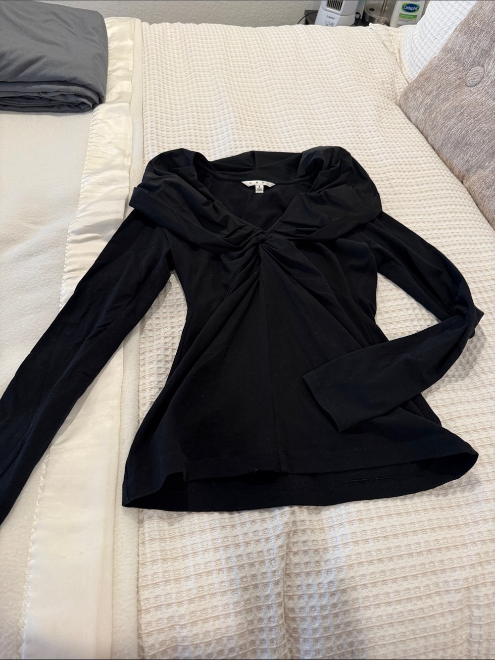 CAbi Black Twist-Detail Long-Sleeve Top with unique collar. Size S